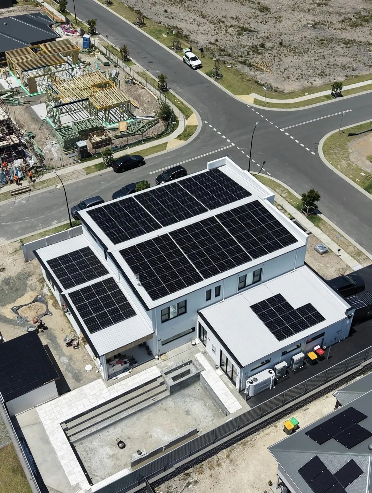 Aerial view of a large residential solar array